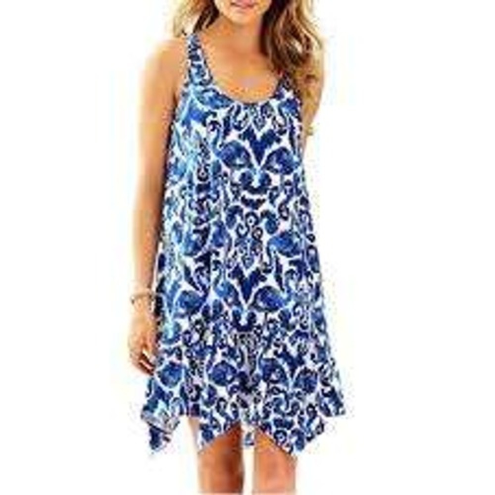 Lilly Pulitzer Blue White Flamingo Ikat‎ Pima Cotton Ruffle Tank Dress Small
